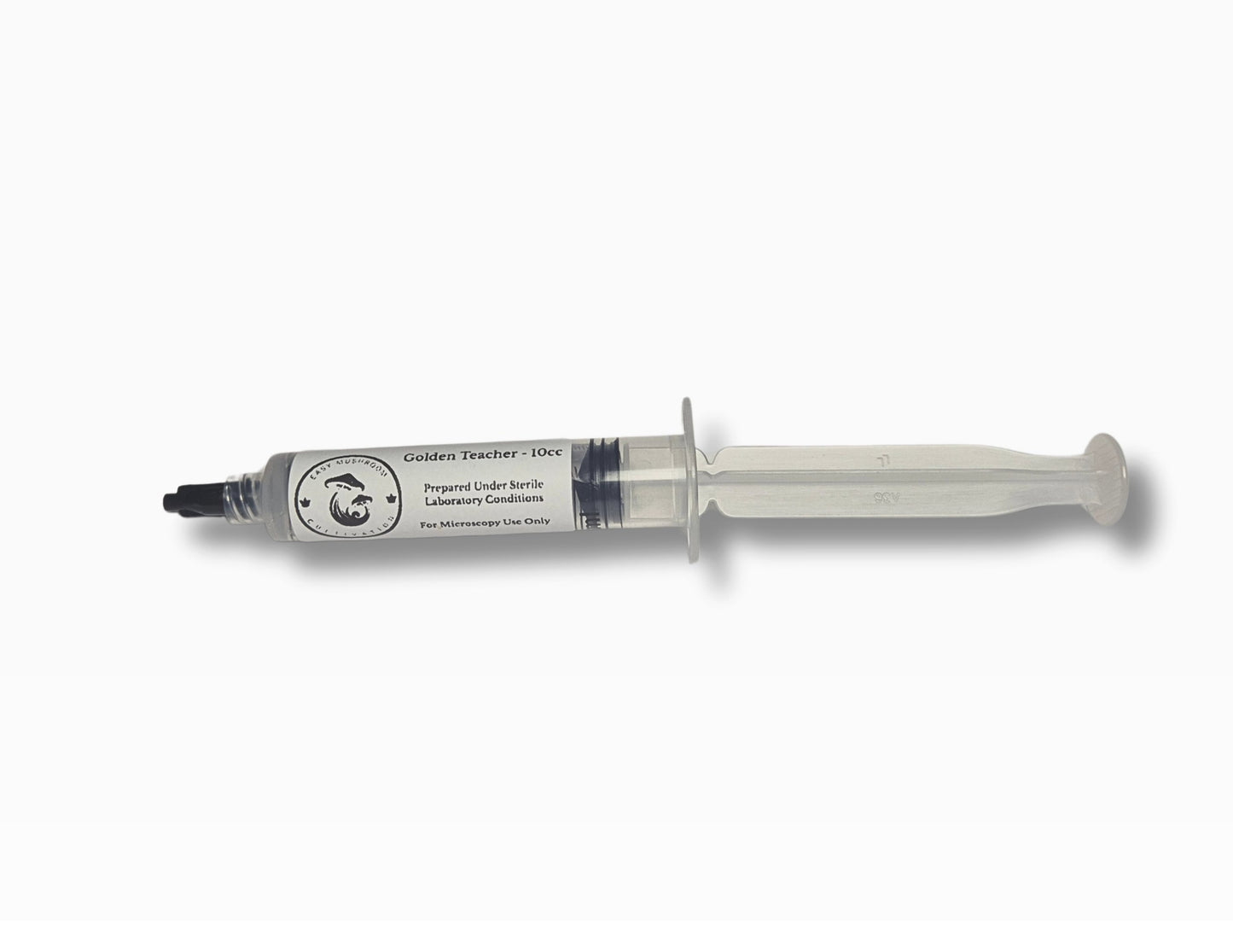 Golden Teacher Spore Syringe infront of a white background