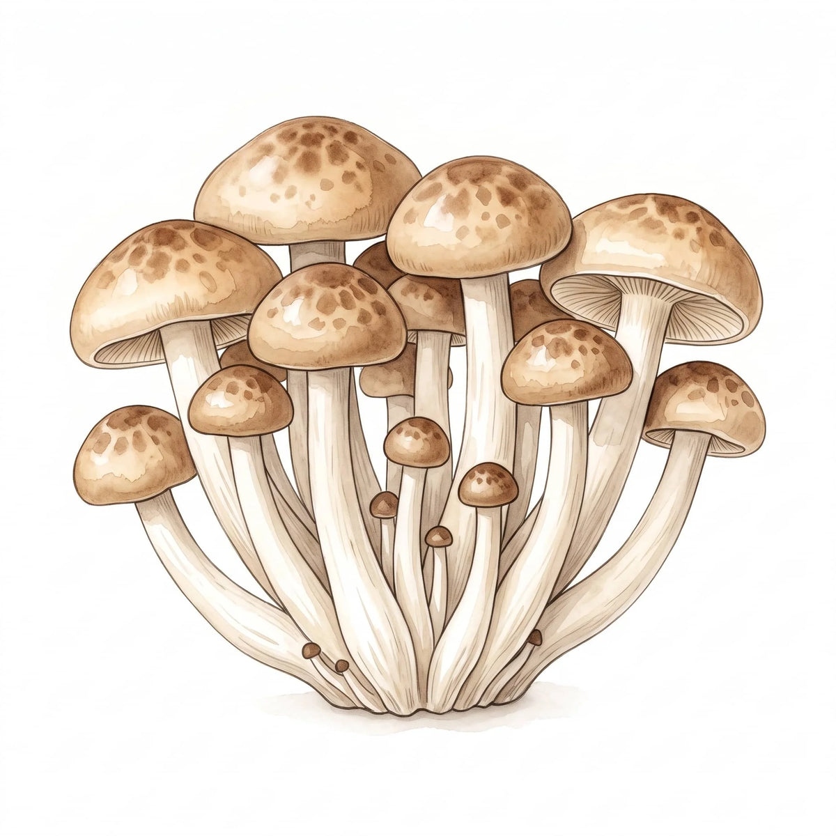 Brown Beech mushrooms in a watercolor illustration of a bunch on a white background.