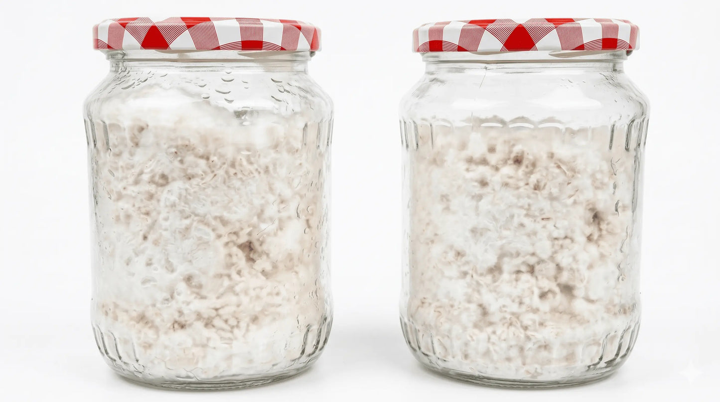 Two glass mushroom growing jars fully colonized with white mycelium grain spawn, featuring red and white checkered lids.