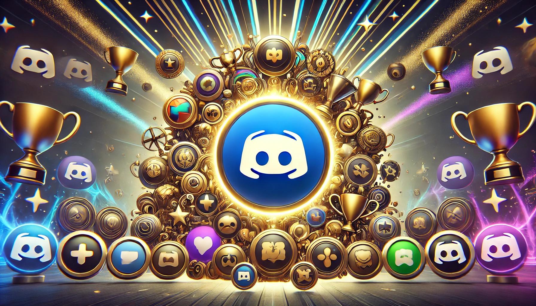 A centered Discord logo with a shimmering gold outline. Surrounding it is a circle of golden icons and emojis, including trophies, stars, hearts, and other symbols, forming a radiant, celebratory pattern.