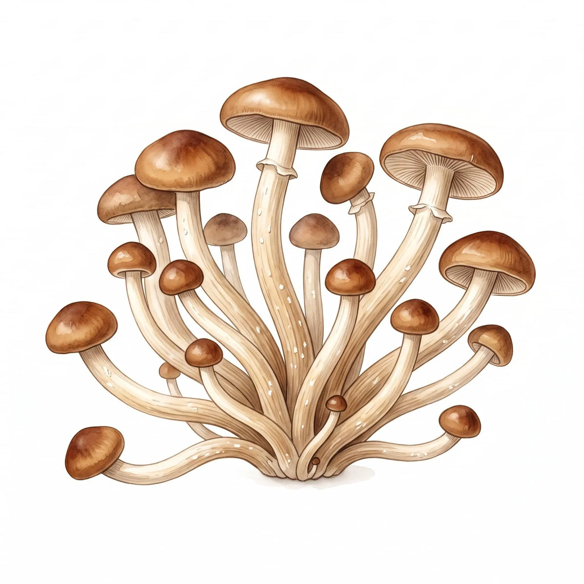 Pioppino mushrooms in a detailed watercolor illustration with brown caps on white.