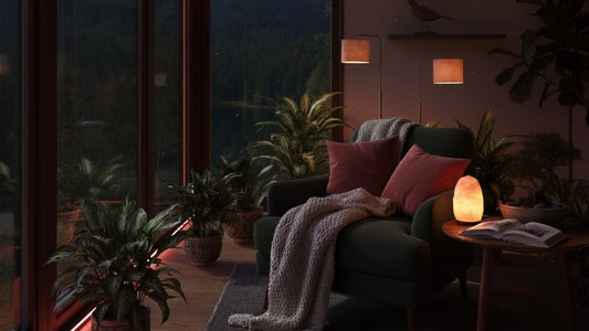 Cozy, dim living room. Night view: dark mountains/lake. Green armchair, pink pillows, throw. Salt lamp, book. Plants. Red LEDs, warm lamps.