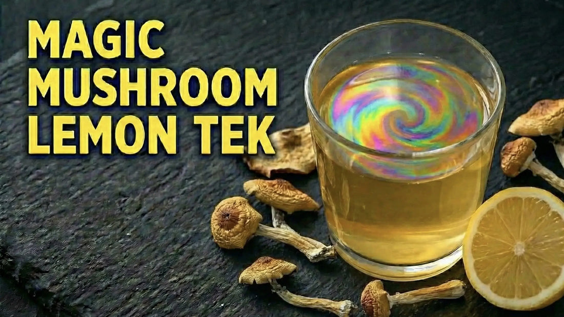 Magic Mushroom Lemon Tek" graphic with a glass of swirling liquid, dried shrooms, and a cut lemon.