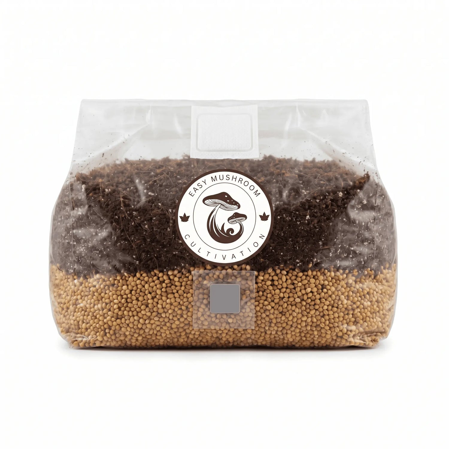 Product picture of large 3 litre premium all in one mushroom grow bag showing distinct grain and substrate layers.