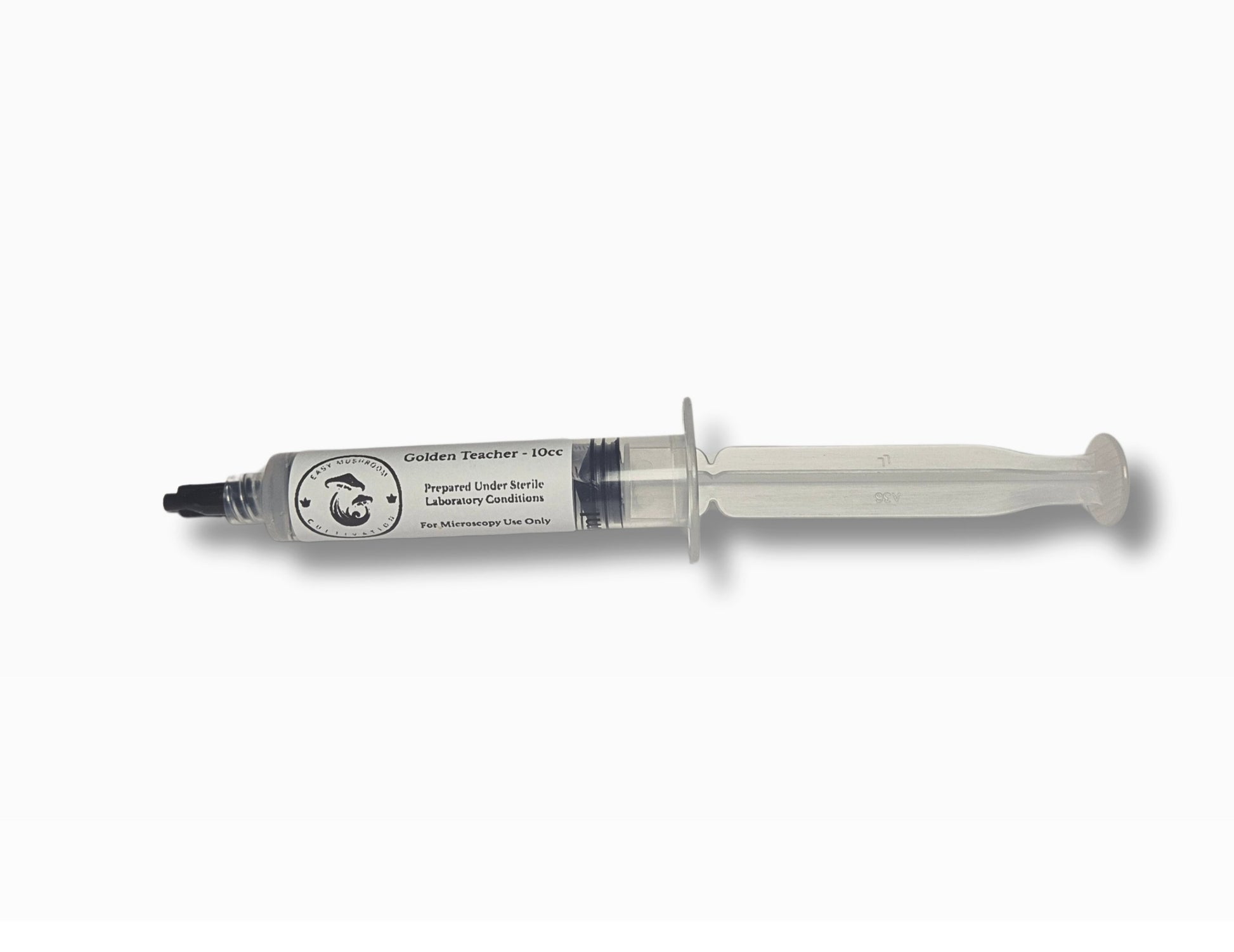 Golden Teacher Spore Syringe infront of a white background