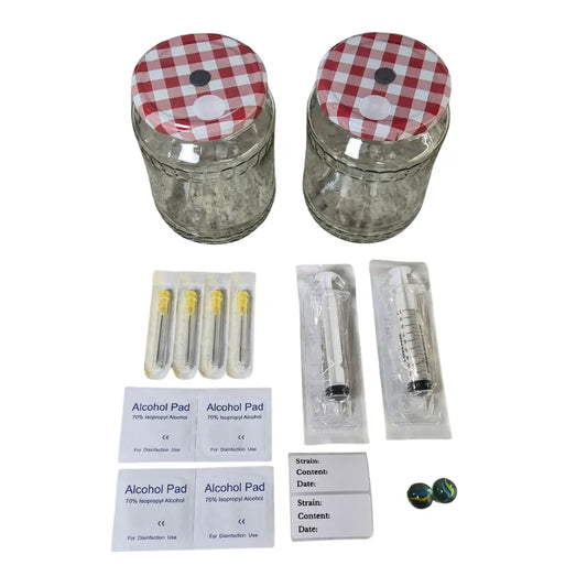 Mushroom liquid culture kit with two jars, two sterile syringes, four needles, alcohol pads, labels and marbles