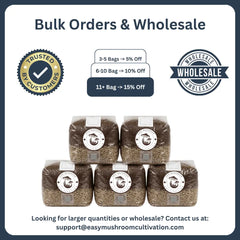 A wholesale stack of five all-in-one mushroom grow bags filled with sterilized rye grain spawn, ideal for commercial indoor mushroom cultivation.