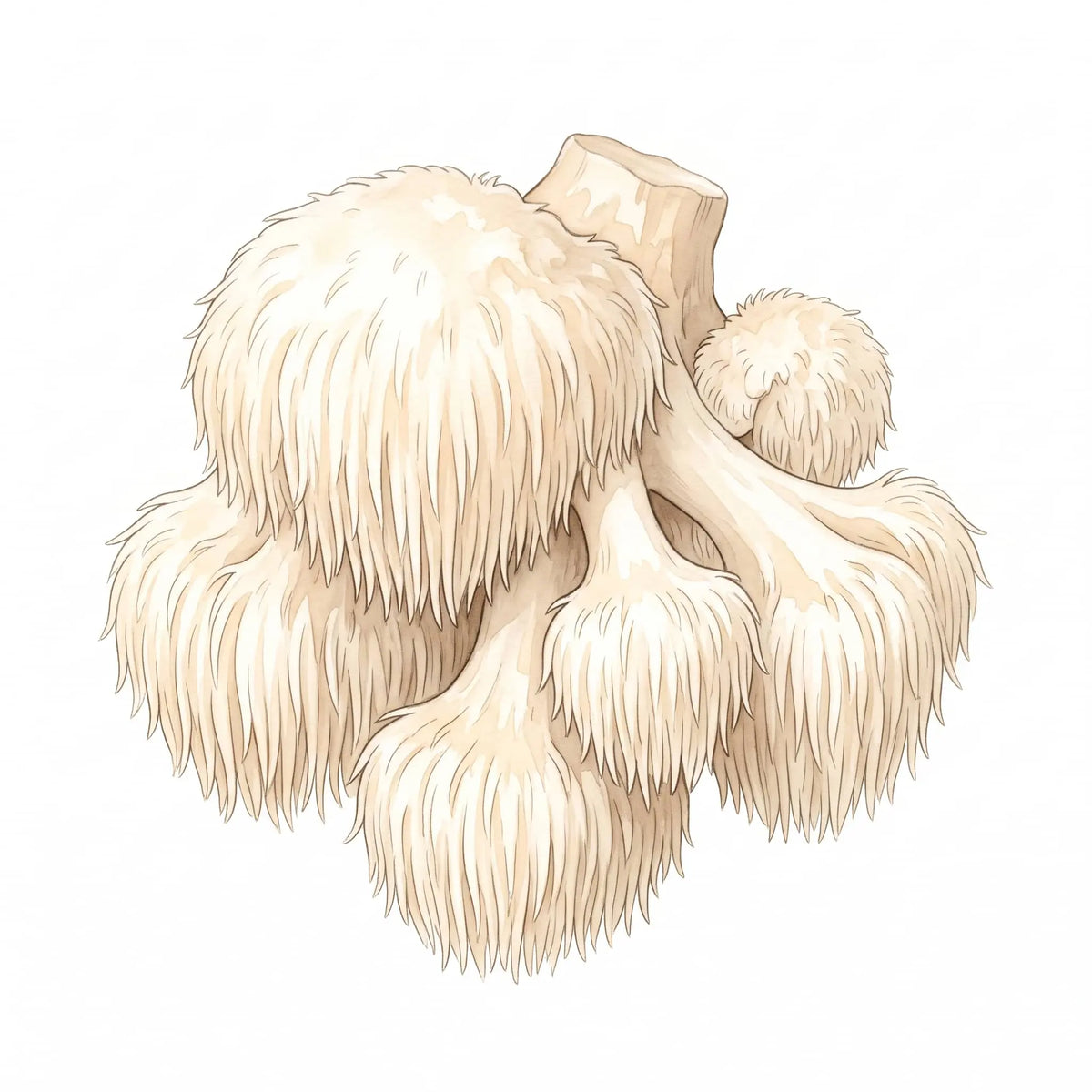 Bear's Head Tooth fungus in an intricate watercolor illustration on a white background.