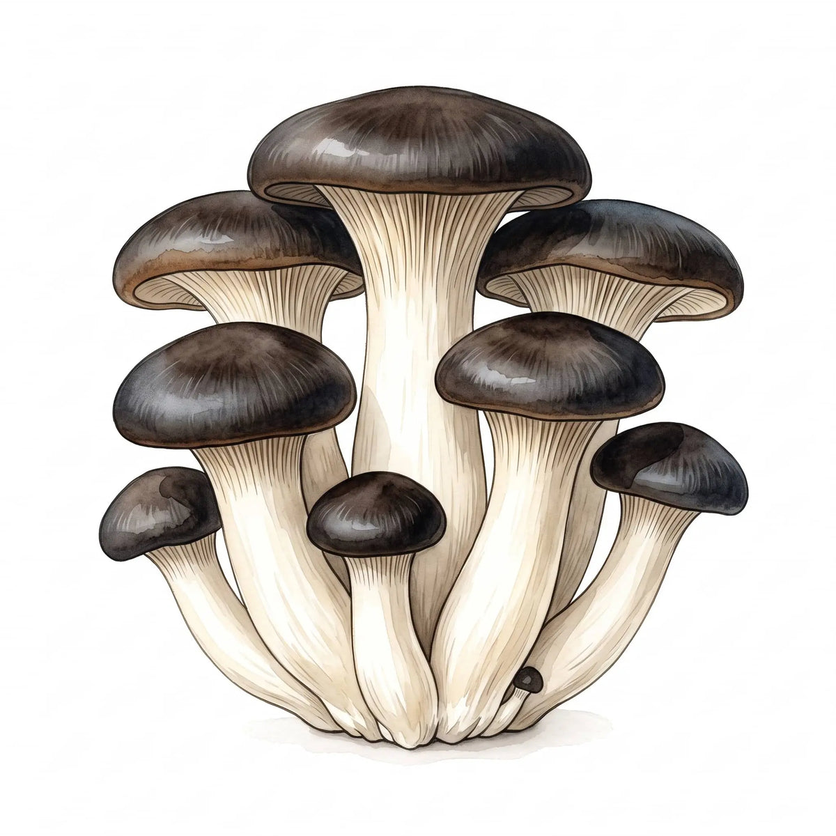 Black Pearl King Oyster mushrooms in a watercolor drawing with dark caps on white.