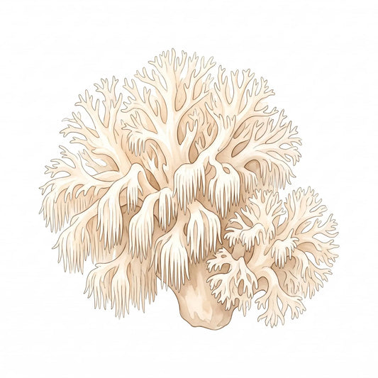 Coral Tooth Fungus in watercolor artwork showing its branching structure on white.