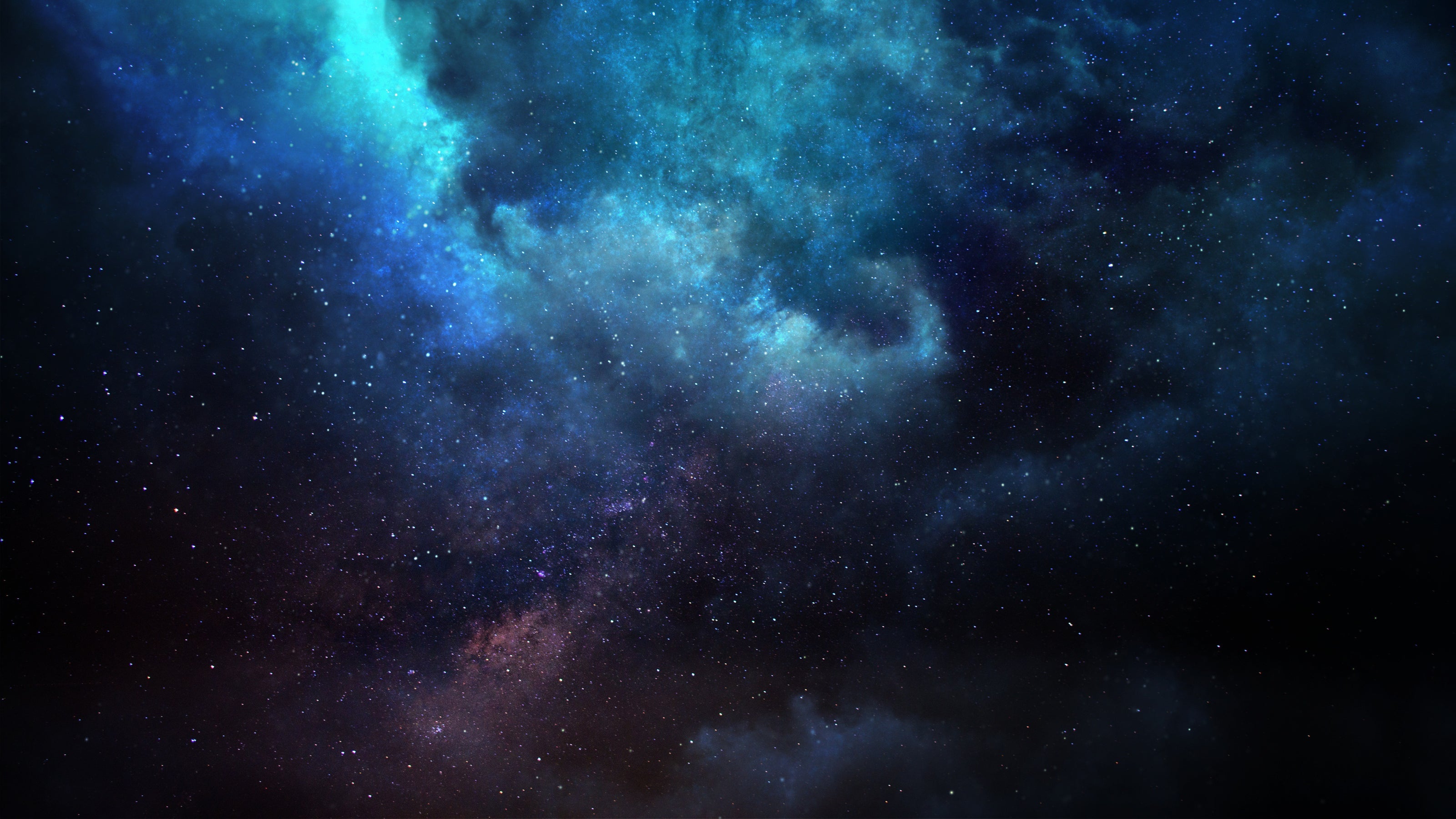 A dark blue cosmic scene showing a star-filled galaxy with wisps of nebulae glowing faintly in white and blue. The stars vary in size and brightness, creating a sense of deep space.
