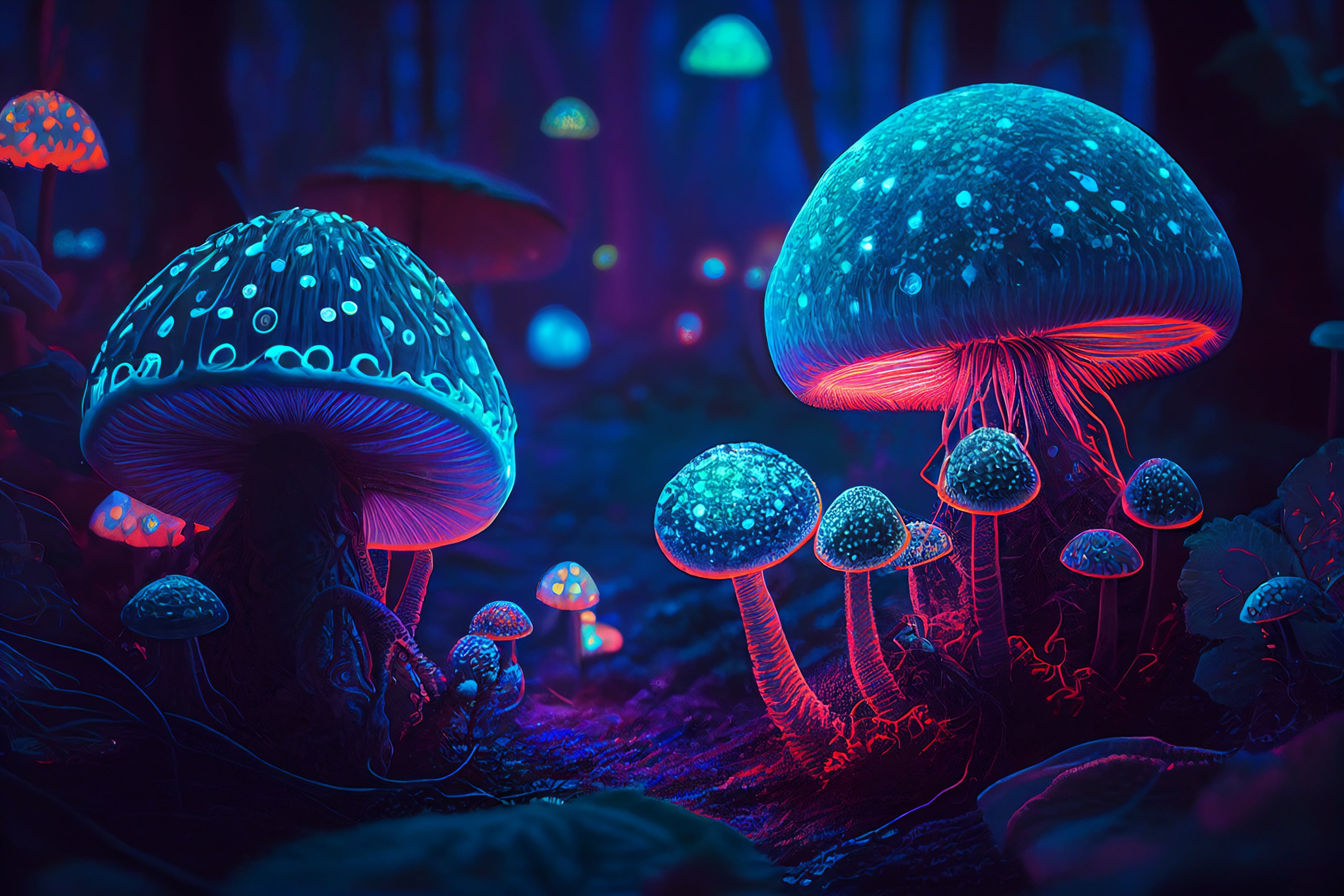 Fantasy-style glowing mushrooms in vibrant blue and luminous purplish-red colors. The fungi radiate soft light, creating an ethereal, magical forest atmosphere with a dark background.