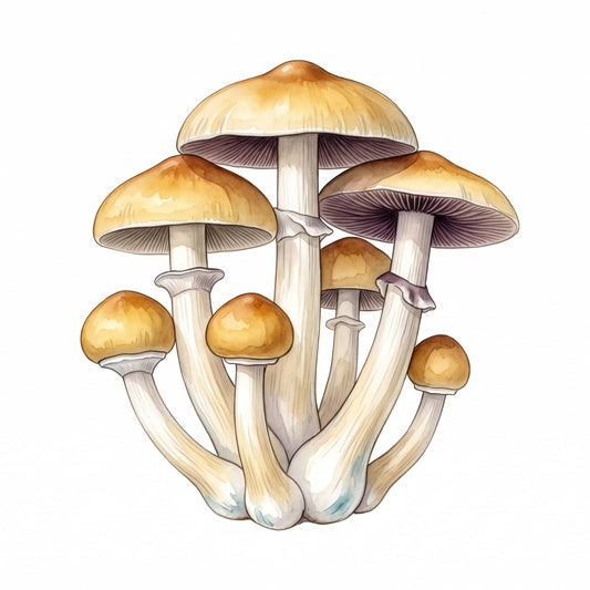Golden Teacher mushrooms in a watercolor illustration with golden-brown caps on white.