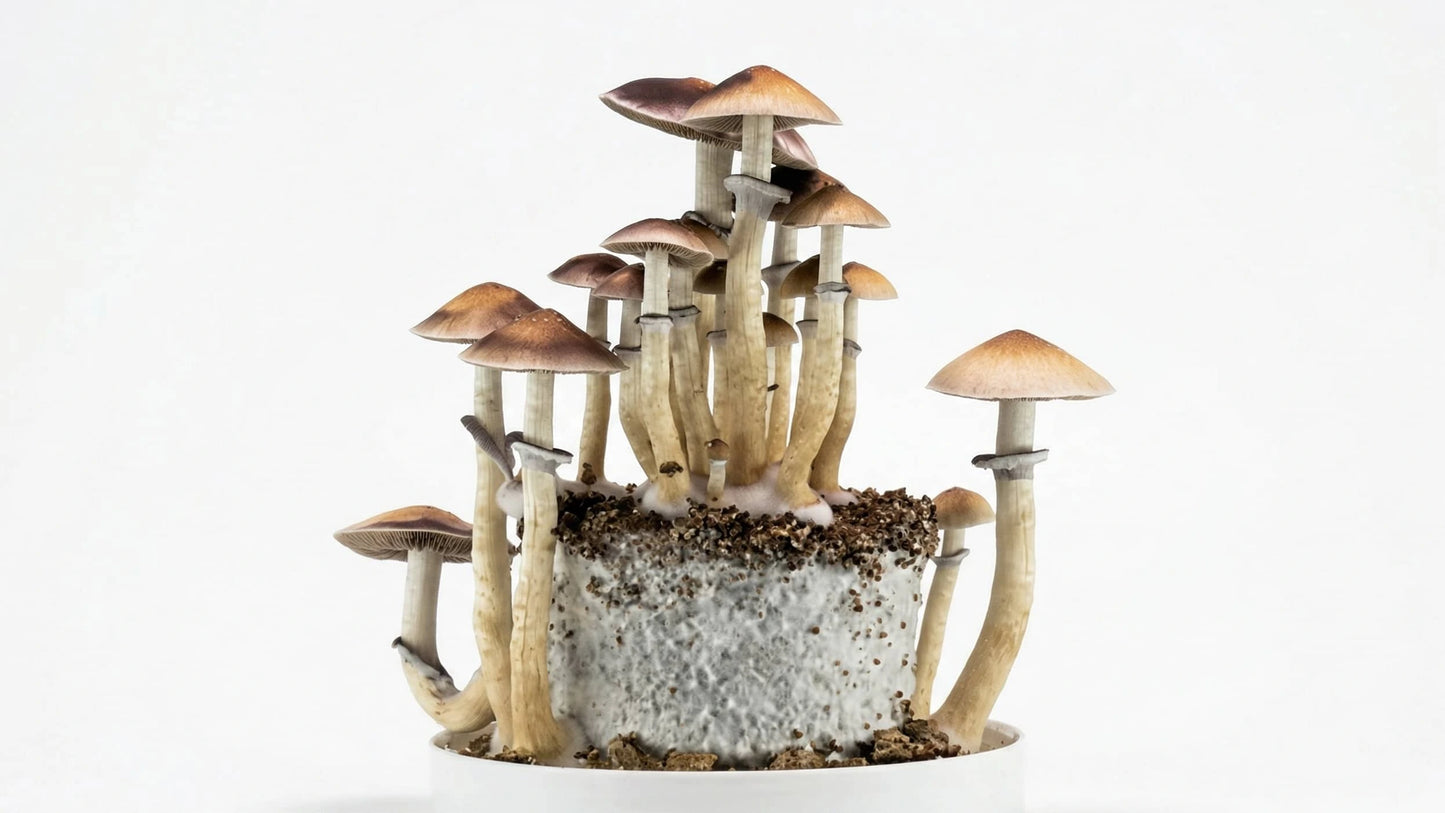 Large Golden Teacher mushrooms growing on a PF-Tek cake.