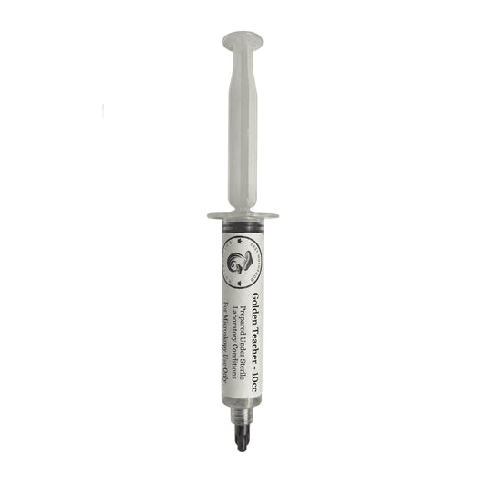 0cc Golden Teacher mushroom spore syringe by Easy Mushroom Cultivation, prepared under sterile laboratory conditions for microscopy use.