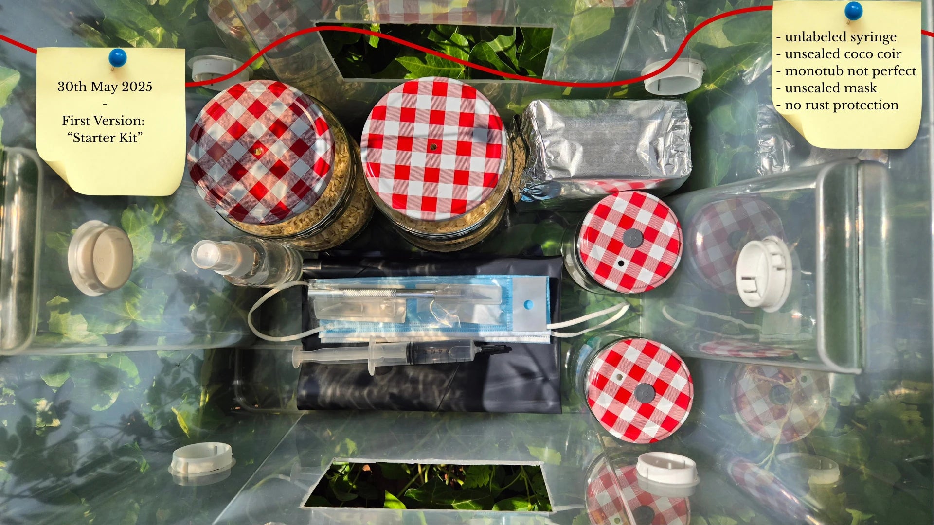 A top-down view of a mushroom starter kit containing jars, a syringe, and a mask. A sticky note dated May 30, 2025, lists areas for improvement, including an unlabeled syringe and unsealed components.