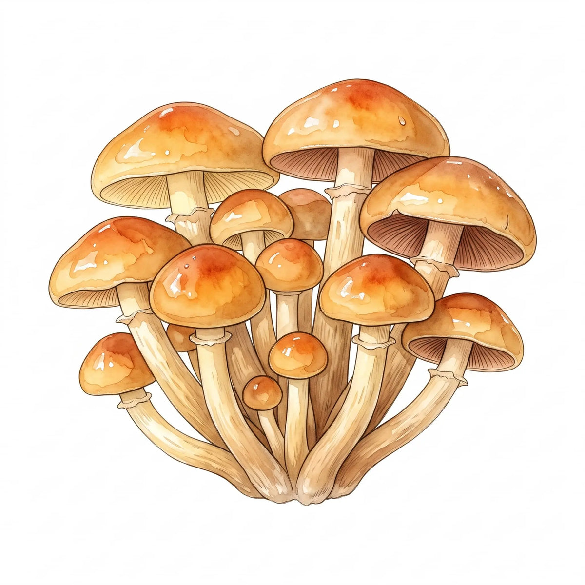 Nameko mushrooms in a bright orange watercolor illustration clustered on a white background.