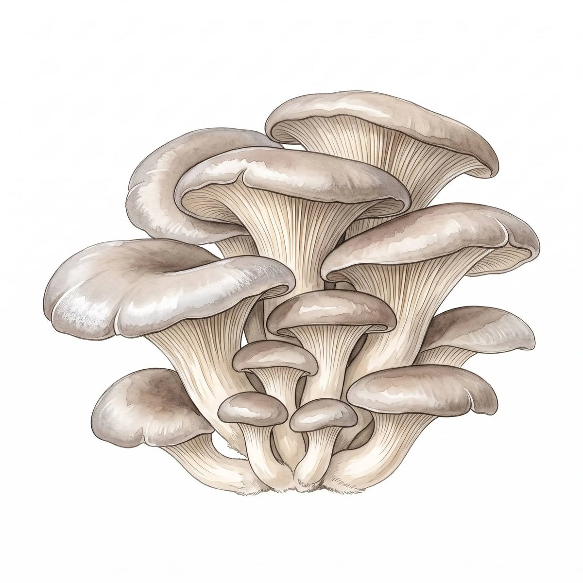 Oyster mushrooms in a hand-drawn watercolor illustration of a classic grey cluster on white.
