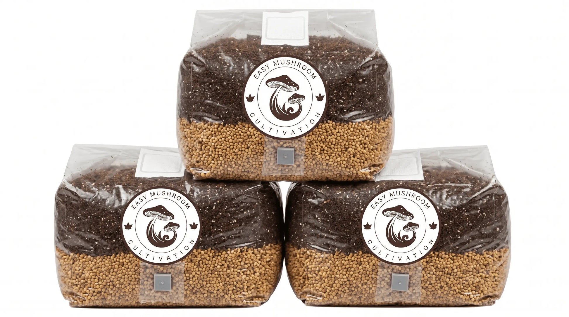 Three large 3 litre premium all in one mushroom grow bags stacked together, ready for inoculation and colonization.