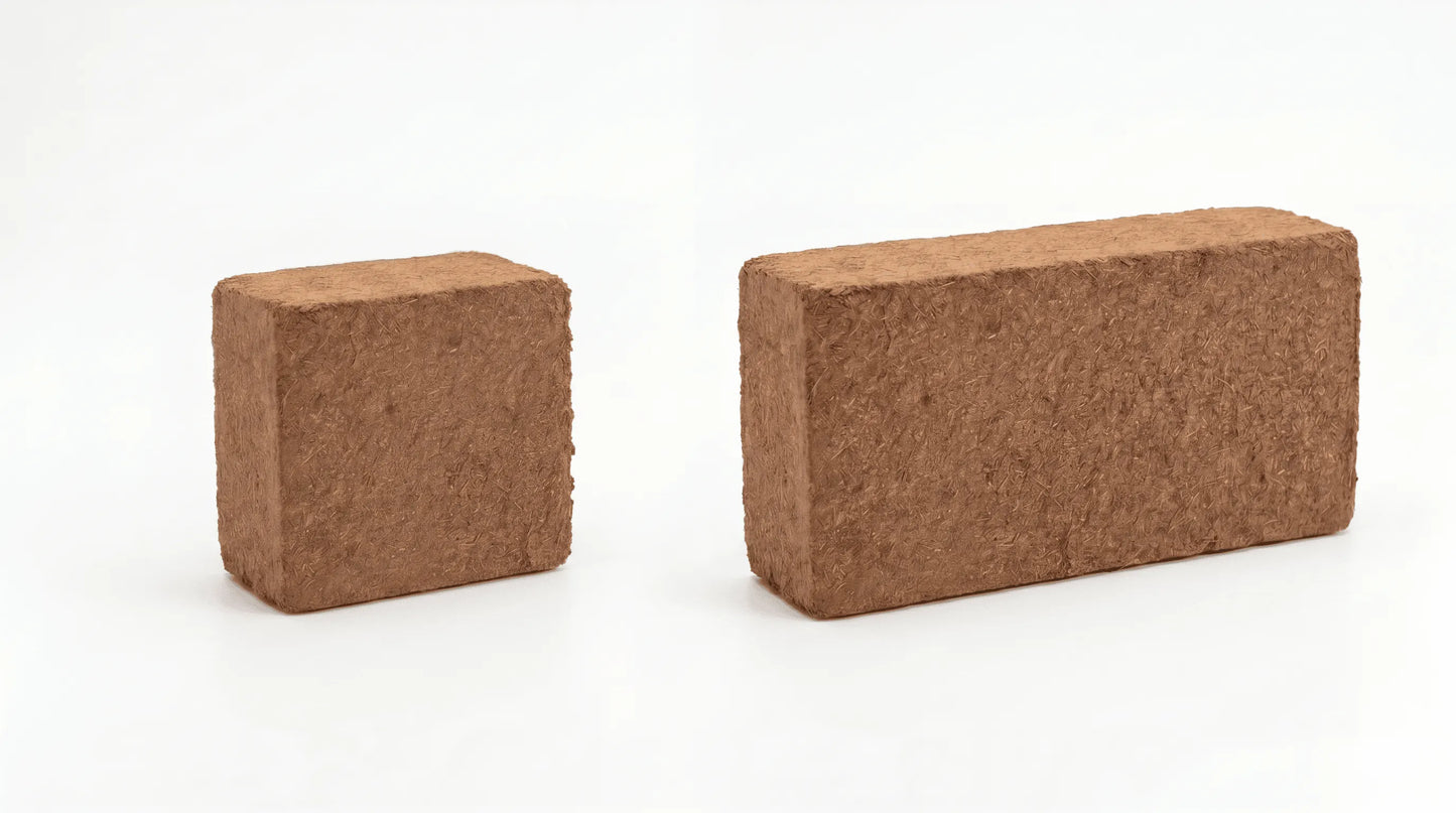 Two sizes of premium organic compressed coco coir blocks for high-quality mushroom growing.