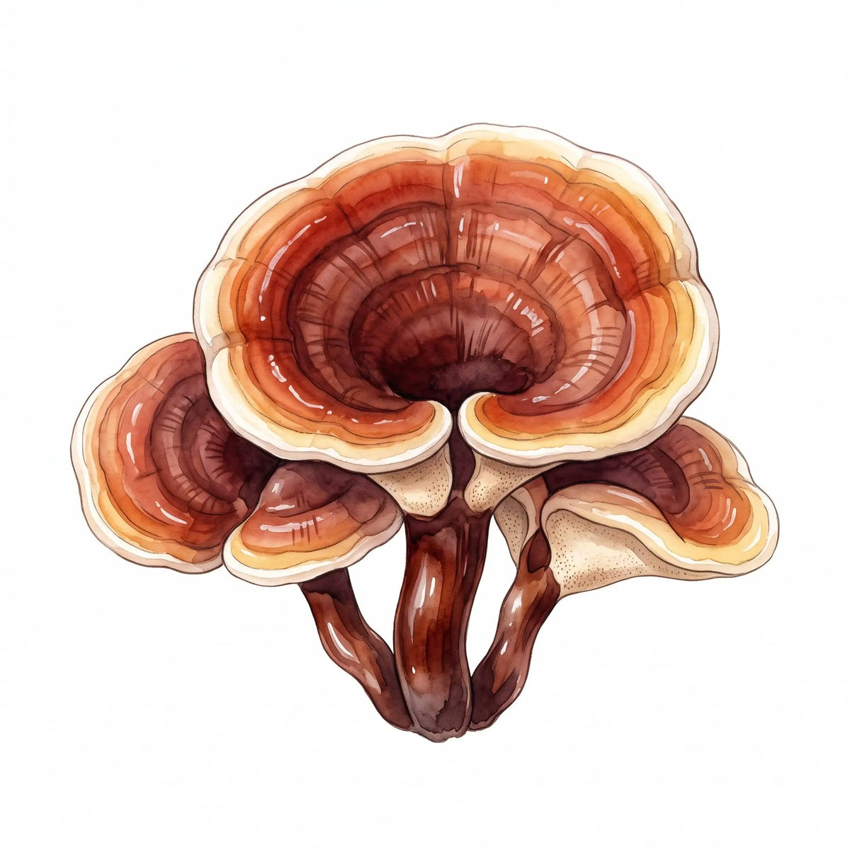 Reishi mushrooms in a beautiful watercolor art showing classic red caps on a white background.