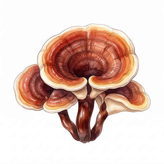 Reishi mushrooms in a beautiful watercolor art showing classic red caps on a white background.