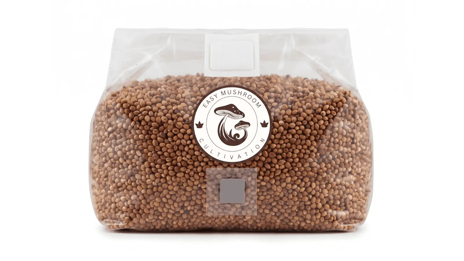 Wide image of a sterilized milo grain mushroom spawn bag designed for simple inoculation.