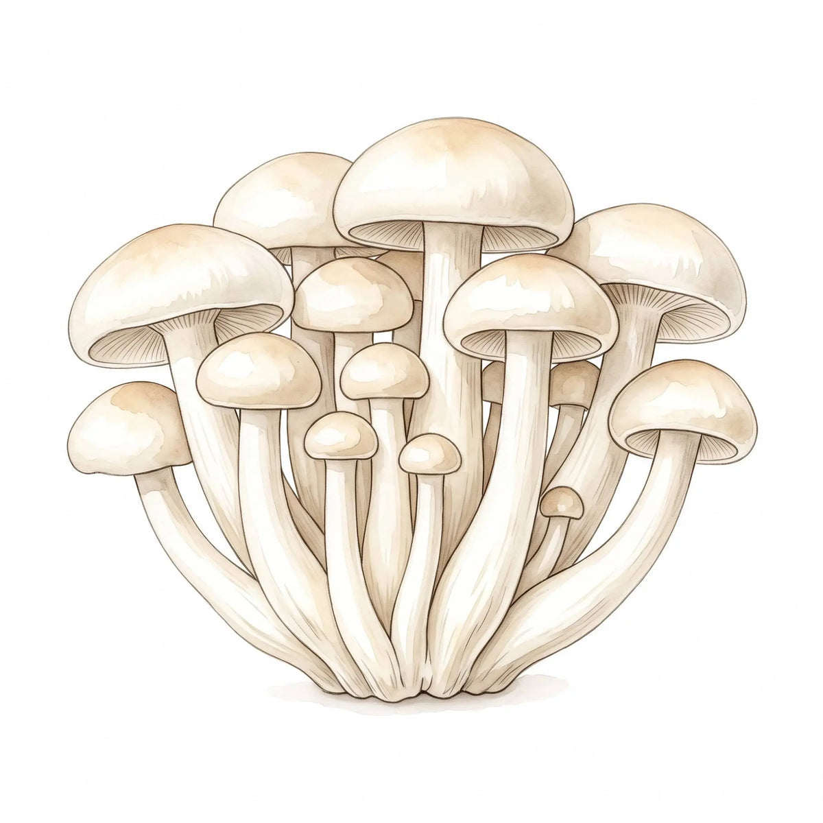 White Beech mushrooms in a beautiful watercolor drawing clustered on a white background.