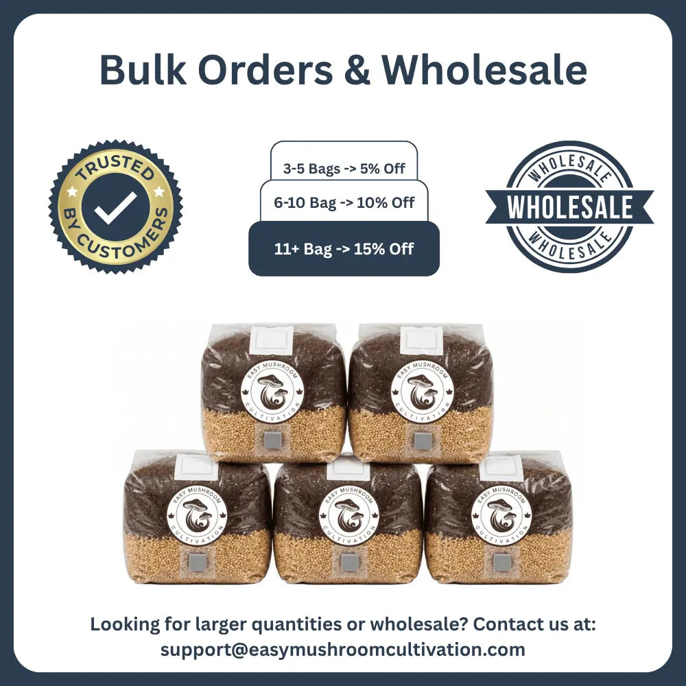 Bulk orders and wholesale discounts for our premium mushroom grow bags. Save 5% to 15% on large cultivation supply purchases.
